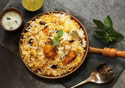 Fish Biryani with basmati rice Indian food