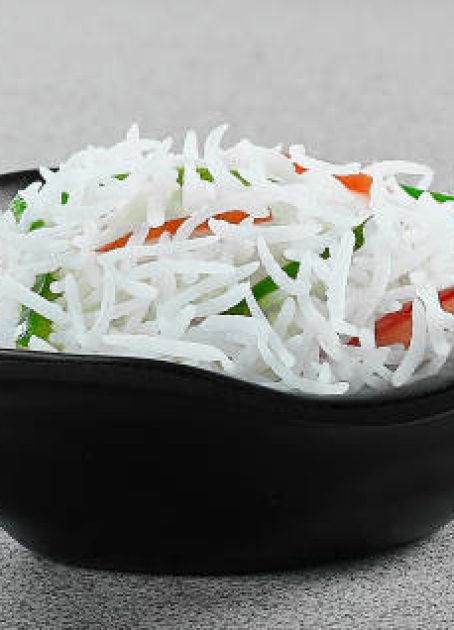 basmati rice in black and white bowl with vegetables top shot, front shot, side view.